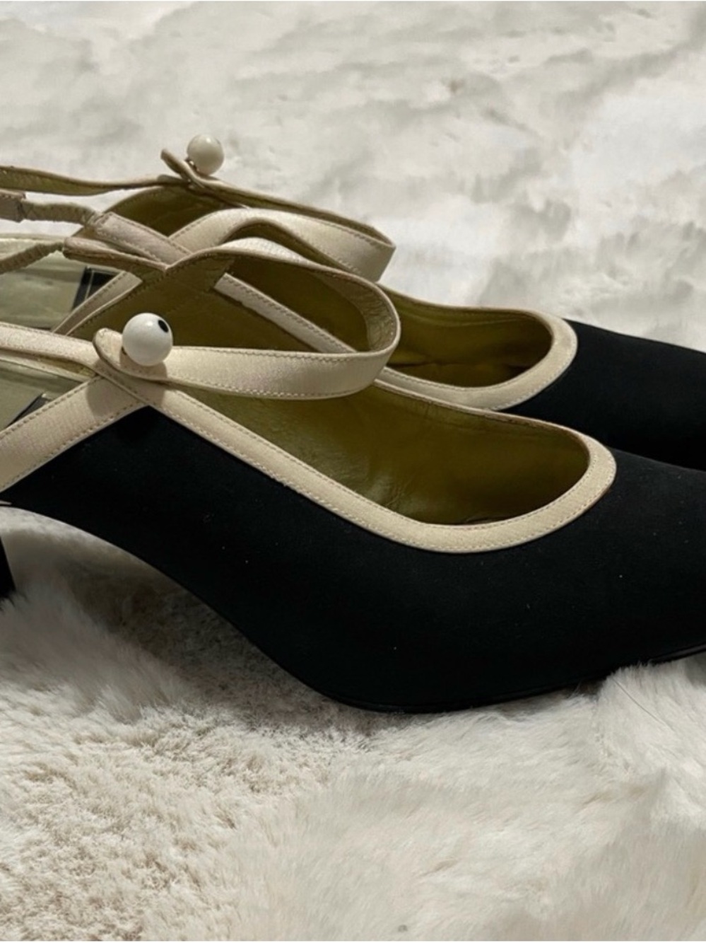 Fendi Black and Cream Mary Jane Heels with Button Strap